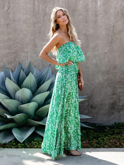 Leaf print off-the-shoulder ruffled slit dress - Image 4