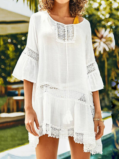 White mid-length blouse beach skirt mid-sleeved top stitching sunscreen shirt - Image 4