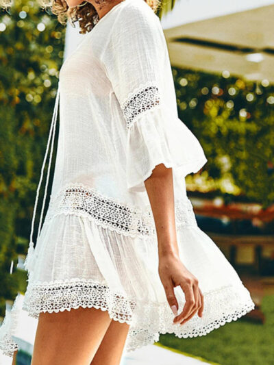 White mid-length blouse beach skirt mid-sleeved top stitching sunscreen shirt - Image 2