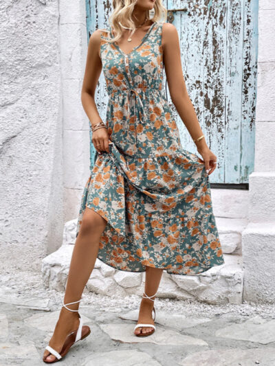 Fashion Casual Ladies Button Sleeveless Floral Print Dress - Image 2