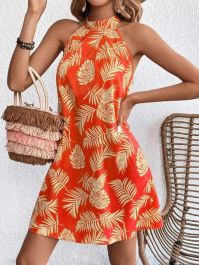 Women's Woven Halter Leaf Print Sleeveless Dress - Image 3