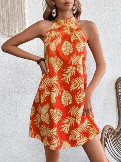 Women's Woven Halter Leaf Print Sleeveless Dress - Image 11