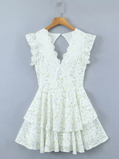 Lace embroidery printed waist dress V-neck halter skirt - Image 3