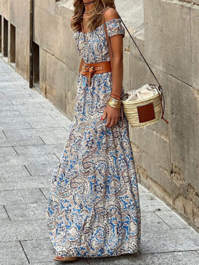 Women's Fashionable Boat Neck Short Sleeve Bohemian Dress - Image 5