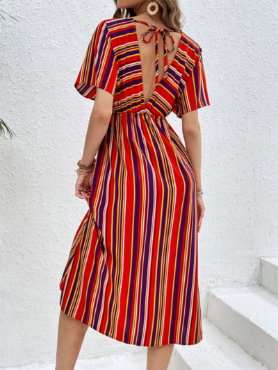 Women's Colorful Striped Casual V-Neck Button High Waist Dress - Image 4