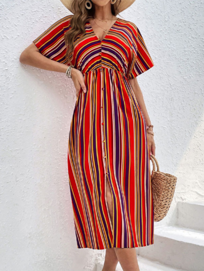 Women's Colorful Striped Casual V-Neck Button High Waist Dress - Image 3