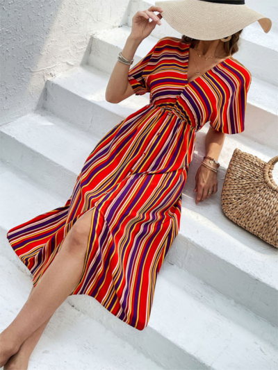 Women's Colorful Striped Casual V-Neck Button High Waist Dress - Image 5