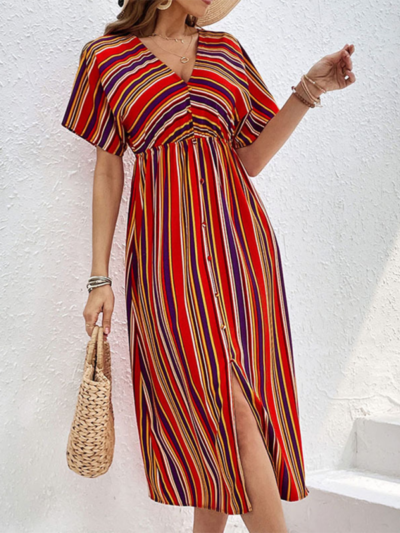 Women's Colorful Striped Casual V-Neck Button High Waist Dress - Image 2