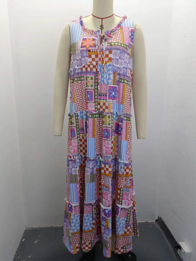 Ladies printed round neck long dress - Image 3