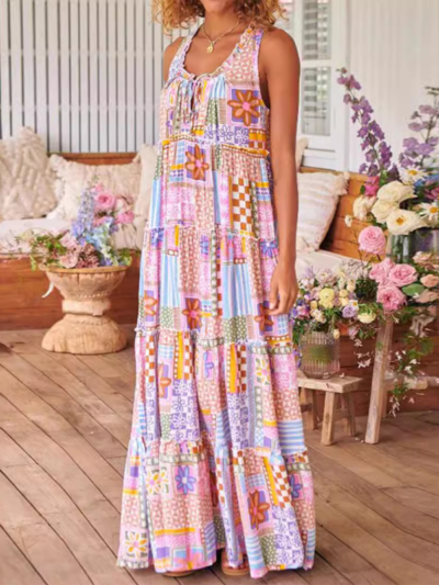 Ladies printed round neck long dress