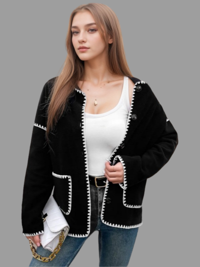 Loose-fitting colorblock fleece jacket