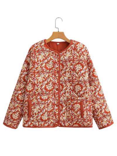 Contrast color casual retro print cotton jacket - Image 9