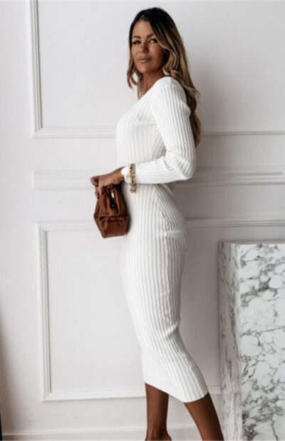 Autumn Winter Solid Long Sleeve Dress - Image 3