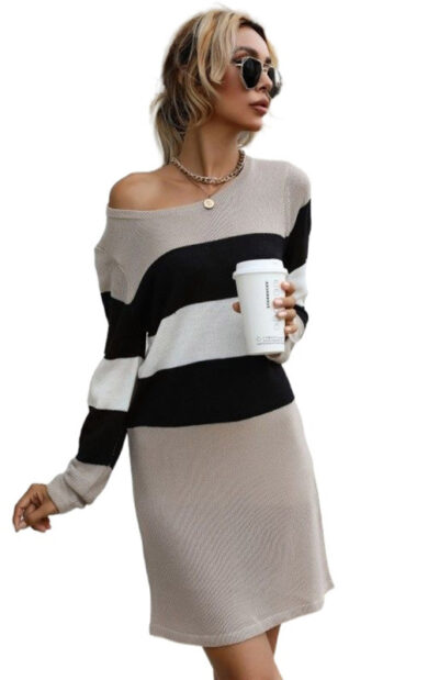 Ladies Round Neck Pullover Color Block Sweater Dress - Image 5