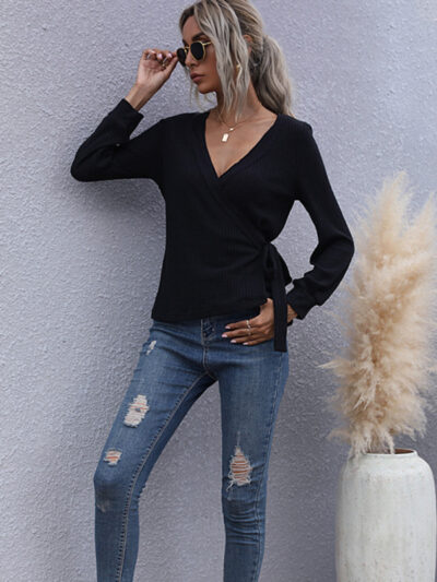 Slim Fit Black Pullover Long Sleeve V-Neck Sweater - Image 2