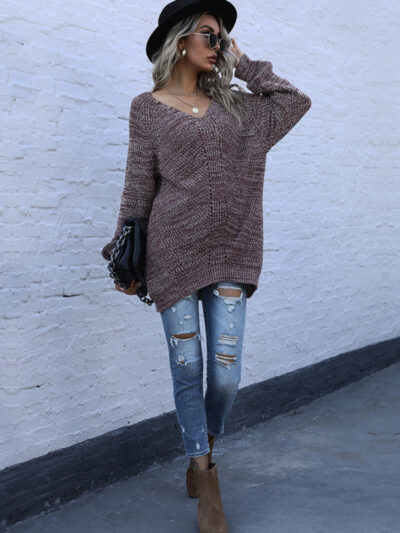 Women's Mid Length Mixed Color Long Sleeve Loose V-Neck Sweater - Image 2