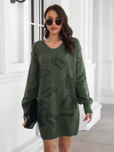 Women's Dinosaur cartoon jacquard V-neck falling shoulder long sleeve wool dress - Image 3