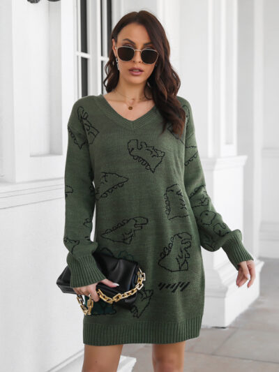 Women's Dinosaur cartoon jacquard V-neck falling shoulder long sleeve wool dress