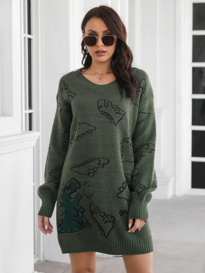 Women's Dinosaur cartoon jacquard V-neck falling shoulder long sleeve wool dress - Image 5