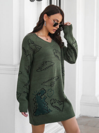 Women's Dinosaur cartoon jacquard V-neck falling shoulder long sleeve wool dress - Image 4