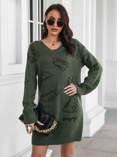 Women's Dinosaur cartoon jacquard V-neck falling shoulder long sleeve wool dress - Image 2