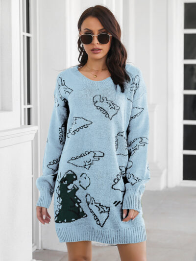 Women's Dinosaur cartoon jacquard V-neck falling shoulder long sleeve wool dress - Image 7