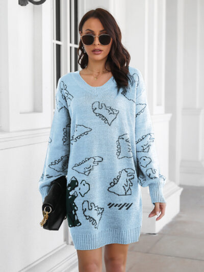 Women's Dinosaur cartoon jacquard V-neck falling shoulder long sleeve wool dress - Image 6