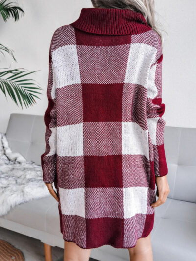 Women's casual Plaid high collar wool dress knitted dress - Image 8