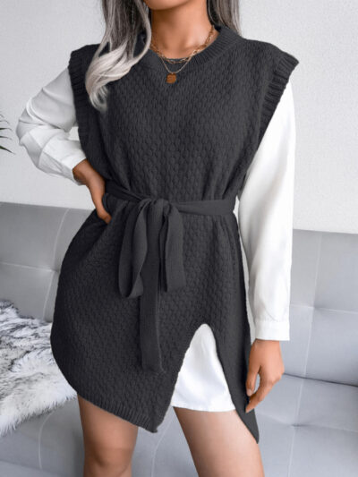 Women's casual belt vest wool skirt knitted dress - Image 13