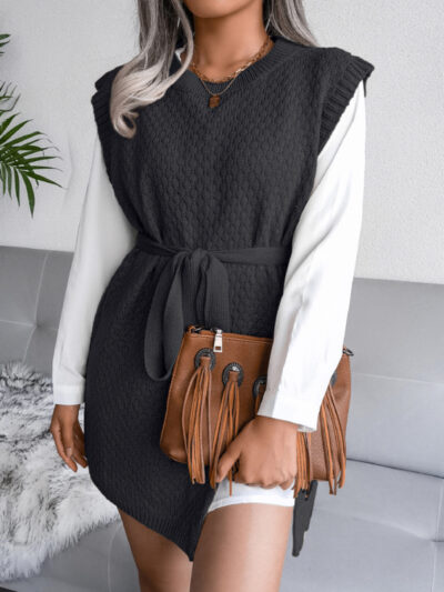 Women's casual belt vest wool skirt knitted dress - Image 2