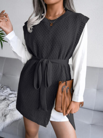 Women's casual belt vest wool skirt knitted dress - Image 11