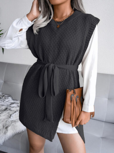 Women's casual belt vest wool skirt knitted dress - Image 12