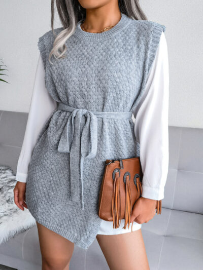 Women's casual belt vest wool skirt knitted dress - Image 25