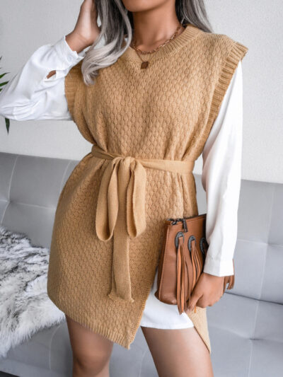 Women's casual belt vest wool skirt knitted dress - Image 21