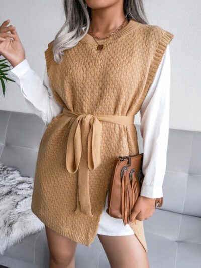 Women's casual belt vest wool skirt knitted dress - Image 4