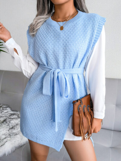 Women's casual belt vest wool skirt knitted dress - Image 17