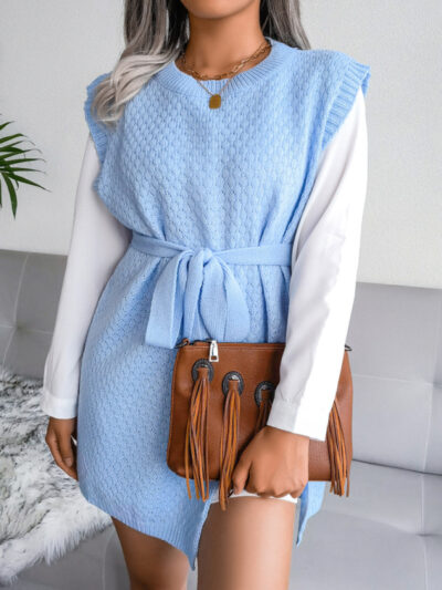 Women's casual belt vest wool skirt knitted dress - Image 15