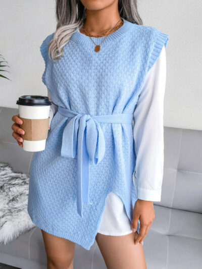 Women's casual belt vest wool skirt knitted dress - Image 3