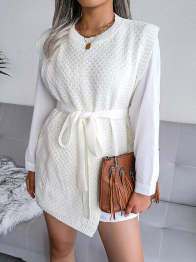 Women's casual belt vest wool skirt knitted dress - Image 9