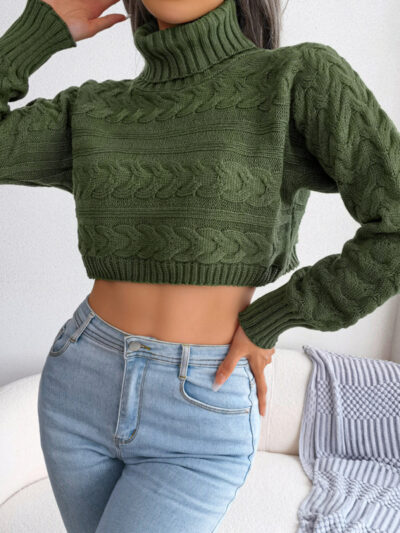 Women's casual fried dough twist long sleeve high neck navel revealing knitted sweater - Image 4