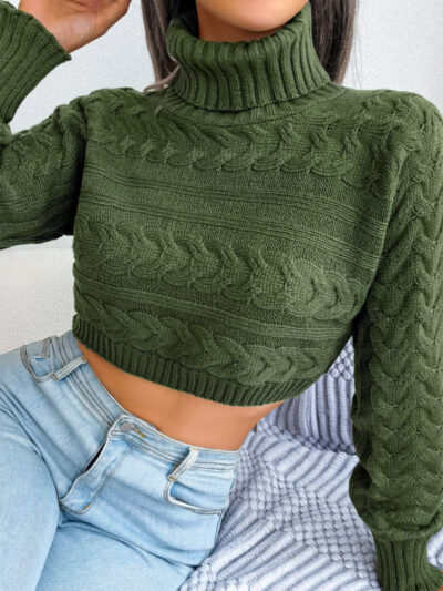 Women's casual fried dough twist long sleeve high neck navel revealing knitted sweater - Image 7