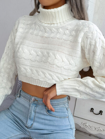 Women's casual fried dough twist long sleeve high neck navel revealing knitted sweater - Image 12