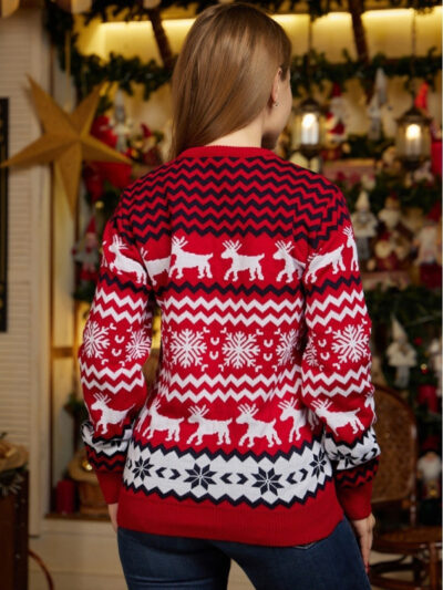 Women's Christmas Crew Neck Elk Jacquard Long Sleeve Sweater - Image 8