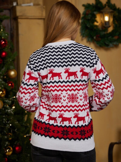 Women's Christmas Crew Neck Elk Jacquard Long Sleeve Sweater - Image 5