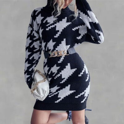 Women's high neck loose long sleeve sweater dress (without belt)