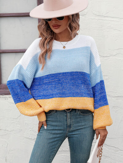 Women's Color Block Crew Neck Knit Fashion Sweater - Image 9