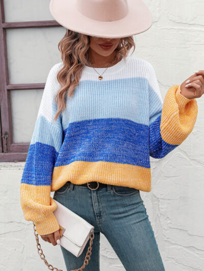 Women's Color Block Crew Neck Knit Fashion Sweater - Image 8