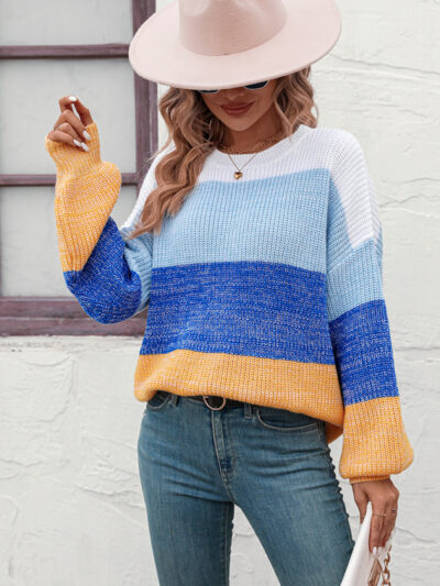 Women's Color Block Crew Neck Knit Fashion Sweater - Image 11