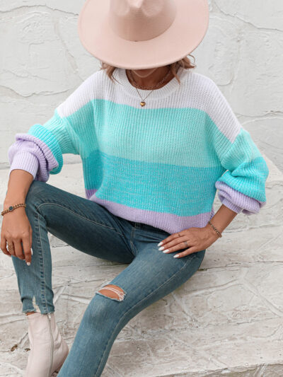 Women's Color Block Crew Neck Knit Fashion Sweater - Image 12