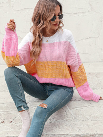 Women's Color Block Crew Neck Knit Fashion Sweater - Image 4